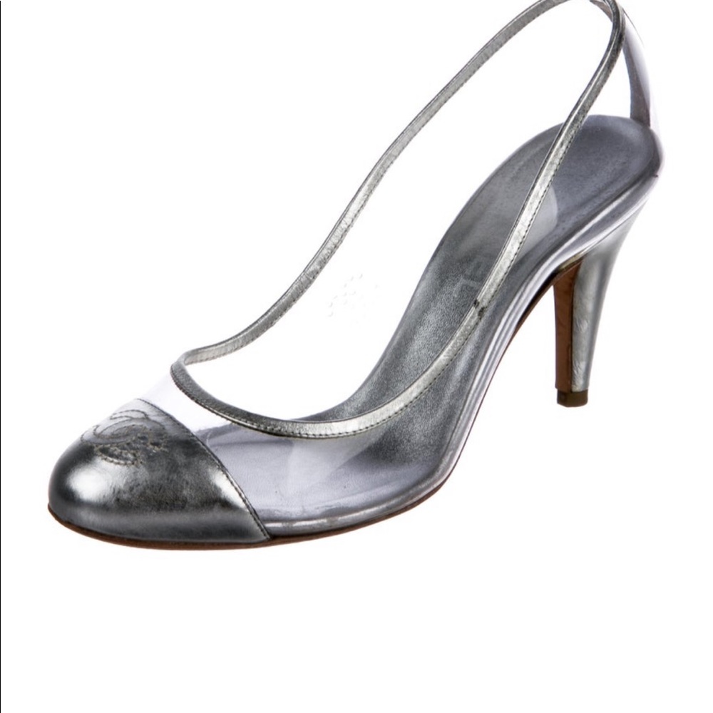 Sz 7 Chanel clear heels with silver cap